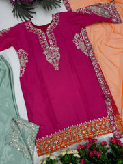 Imposing Chinon Pink Color Sequences Work Palazo Suit