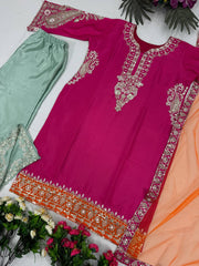 Imposing Chinon Pink Color Sequences Work Palazo Suit