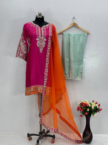 Imposing Chinon Pink Color Sequences Work Palazo Suit
