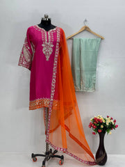 Imposing Chinon Pink Color Sequences Work Palazo Suit