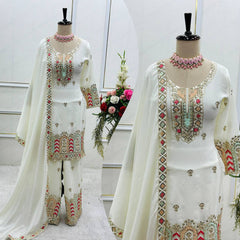 Demanding Chinon Sequence Work White Color Plazzo Suit