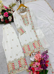 Demanding Chinon Sequence Work White Color Plazzo Suit