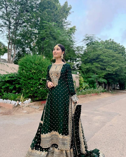 Awesome Embroidery Sequence Work Green Color Sharara Suit