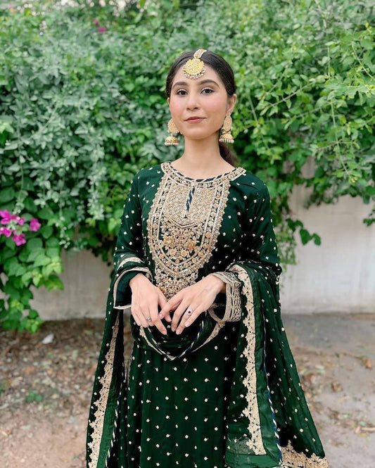 Awesome Embroidery Sequence Work Green Color Sharara Suit