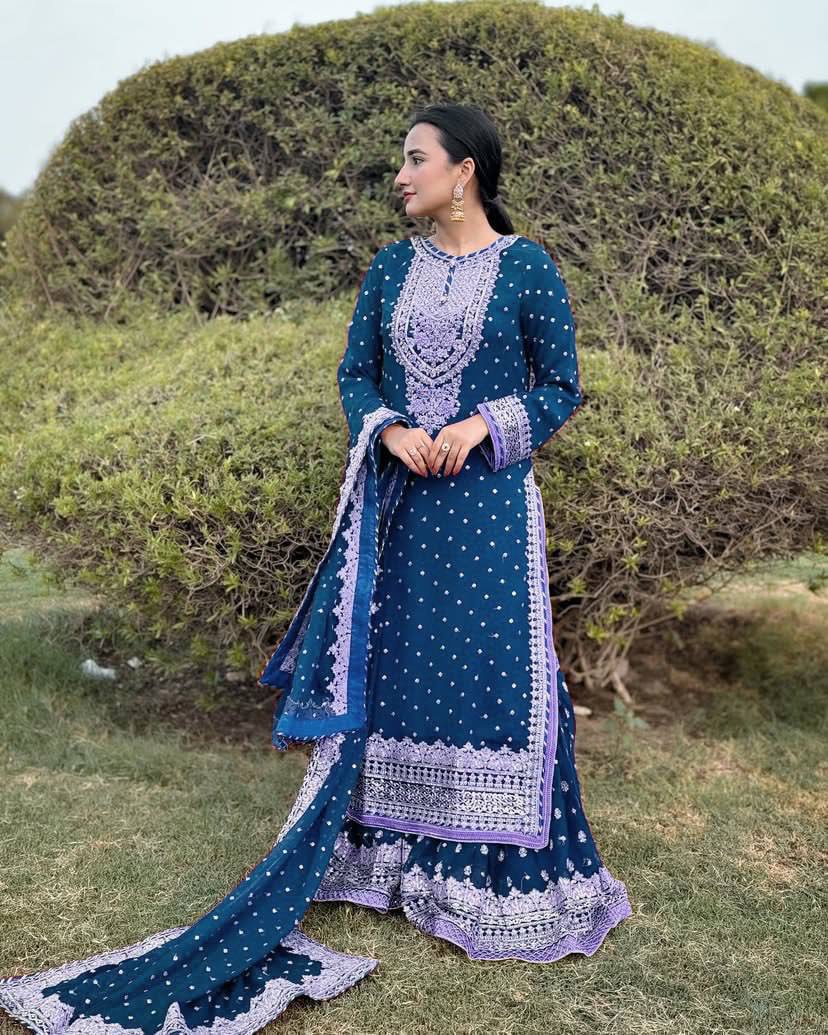 Awesome Embroidery Sequence Work Sky Blue Color Sharara Suit