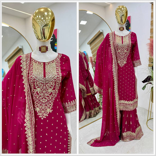 Awesome Embroidery Sequence Work Pink Color Sharara Suit