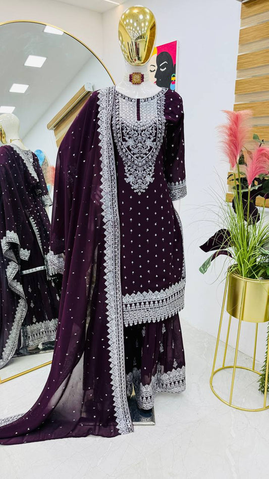 Awesome Embroidery Sequence Work Wine Color Sharara Suit