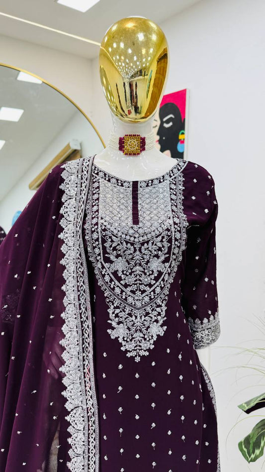 Awesome Embroidery Sequence Work Wine Color Sharara Suit