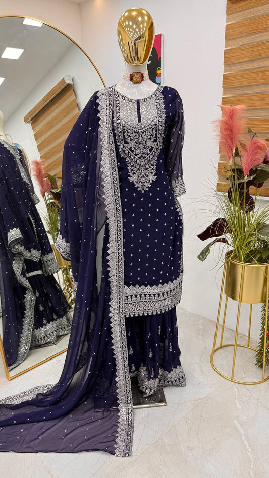 Awesome Embroidery Sequence Work Navy Blue Color Sharara Suit