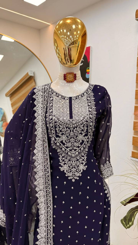 Awesome Embroidery Sequence Work Navy Blue Color Sharara Suit