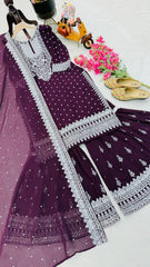 Awesome Embroidery Sequence Work Wine Color Sharara Suit
