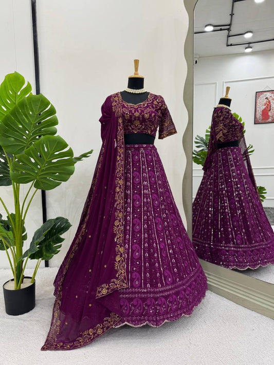 Marriage Special Gorgette Wine Color Lehenga Choli