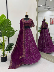 Marriage Special Gorgette Wine Color Lehenga Choli