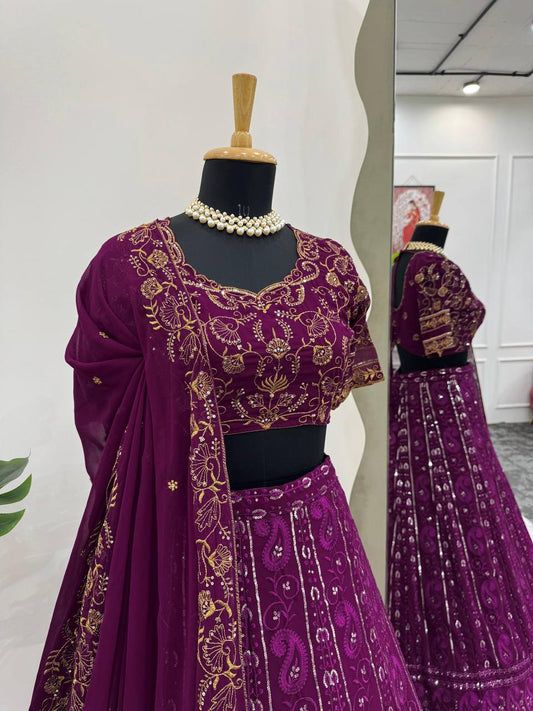 Marriage Special Gorgette Wine Color Lehenga Choli