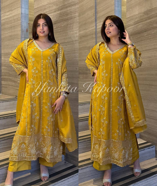 Blissful Chinnon Silk Sequence Work Yellow Color Palazzo Suit