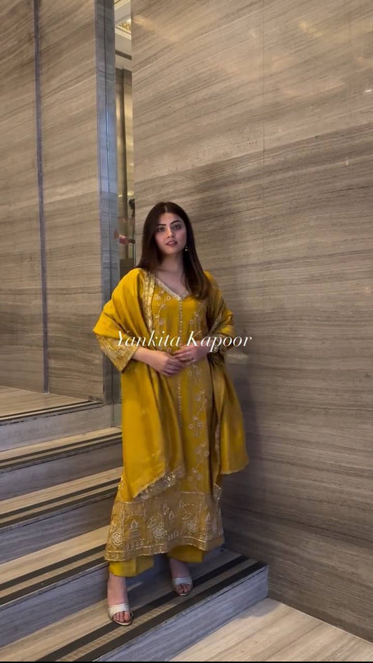 Blissful Chinnon Silk Sequence Work Yellow Color Palazzo Suit