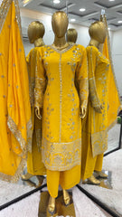 Blissful Chinnon Silk Sequence Work Yellow Color Palazzo Suit