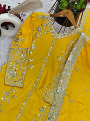 Blissful Chinnon Silk Sequence Work Yellow Color Palazzo Suit