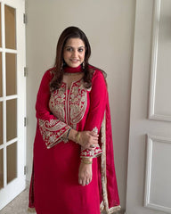 Occasion Wear Chinnon Red Color Heavy Salwar Suit