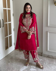 Occasion Wear Chinnon Red Color Heavy Salwar Suit