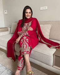 Occasion Wear Chinnon Red Color Heavy Salwar Suit