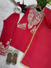 Occasion Wear Chinnon Red Color Heavy Salwar Suit