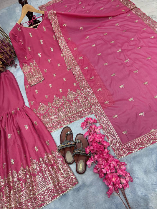 Beautiful Georgette Pink Color Sequence Work Sharara Suit