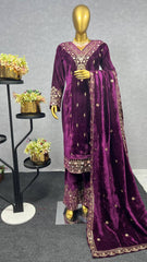 Wedding Wear Velvet Sequence Work Purple Color Palazzo Suit