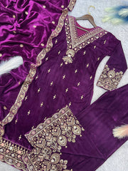 Wedding Wear Velvet Sequence Work Purple Color Palazzo Suit