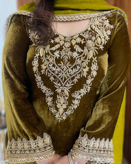 Wonderful Velvet Embroidery Work Mehndi Color Palazzo Suit