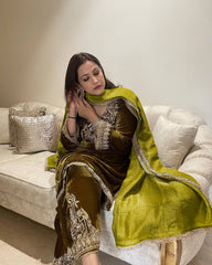 Wonderful Velvet Embroidery Work Mehndi Color Palazzo Suit