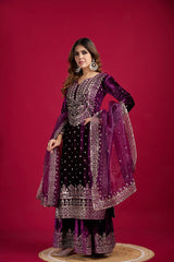 Fantastic Velvet Sequence Work Purple Color Top With Plazzo Suit