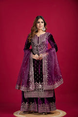 Fantastic Velvet Sequence Work Purple Color Top With Plazzo Suit