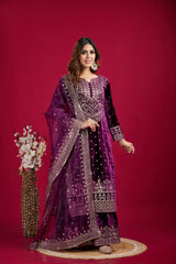 Fantastic Velvet Sequence Work Purple Color Top With Plazzo Suit