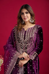 Fantastic Velvet Sequence Work Purple Color Top With Plazzo Suit