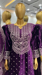 Fantastic Velvet Sequence Work Purple Color Top With Plazzo Suit