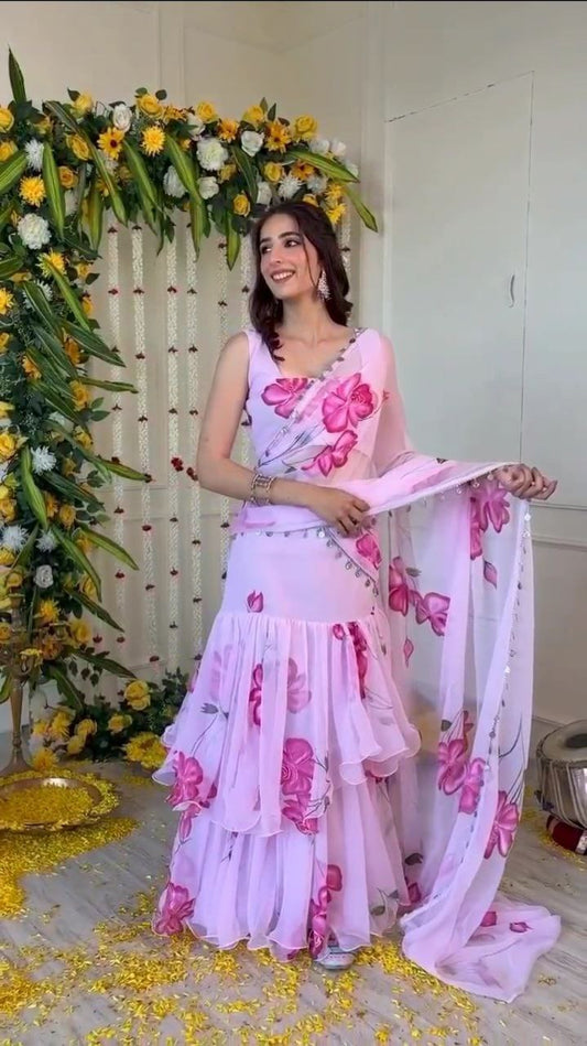 Fashionable Georgette Double Ruffle Lavender color Lehenga saree