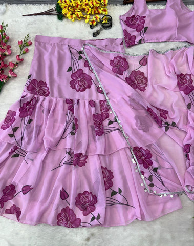 Fashionable Georgette Double Ruffle Lavender color Lehenga saree