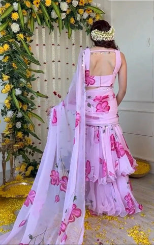 Fashionable Georgette Double Ruffle Lavender color Lehenga saree