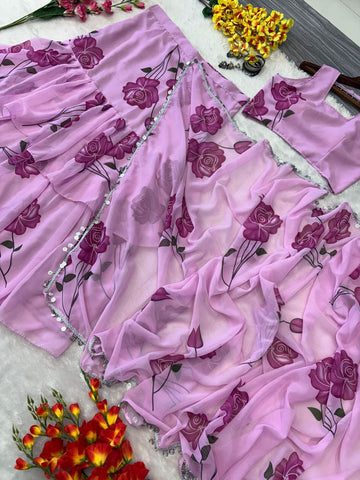 Fashionable Georgette Double Ruffle Lavender color Lehenga saree