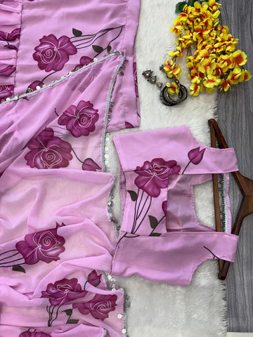Fashionable Georgette Double Ruffle Lavender color Lehenga saree