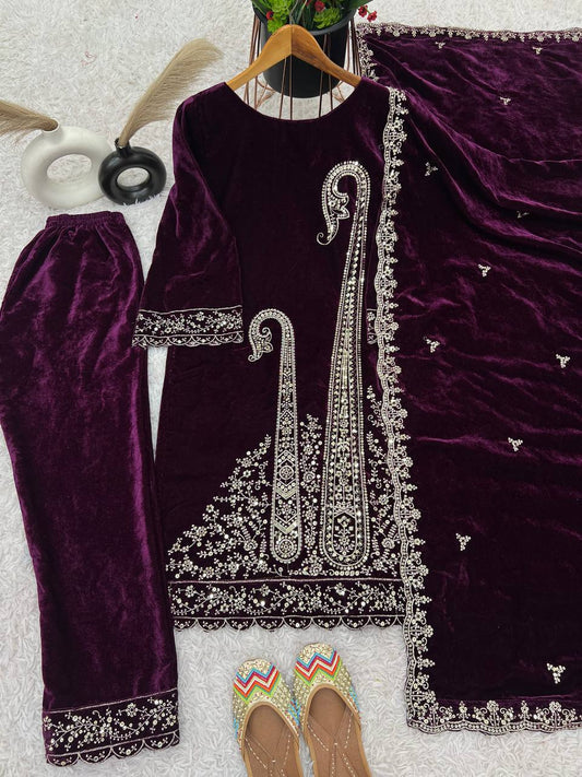 Gorgeous Purple Color Velvet Embroidery Work Salwar Suit