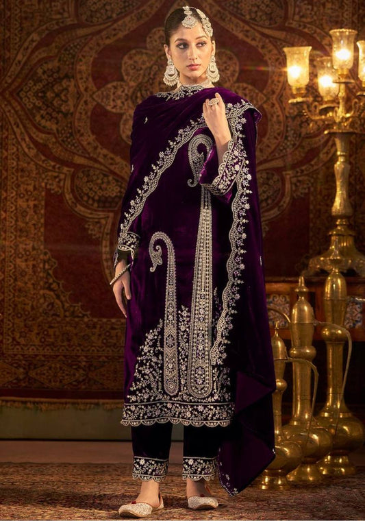 Gorgeous Purple Color Velvet Embroidery Work Salwar Suit