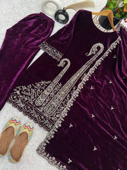 Gorgeous Purple Color Velvet Embroidery Work Salwar Suit