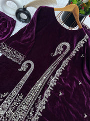 Gorgeous Purple Color Velvet Embroidery Work Salwar Suit