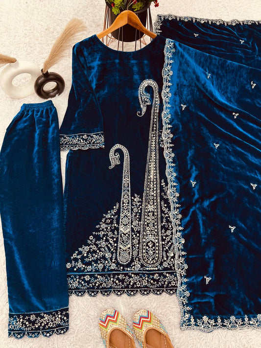 Gorgeous Teal Blue Color Velvet Embroidery Work Salwar Suit