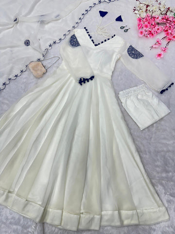 Precious Georgette Mirror Work White Color Anarkali Gown