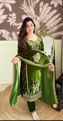 Ceremony Wear Green Color Velvet Embroidery Work Suit