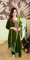 Ceremony Wear Green Color Velvet Embroidery Work Suit