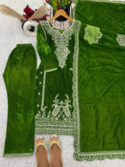 Ceremony Wear Green Color Velvet Embroidery Work Suit